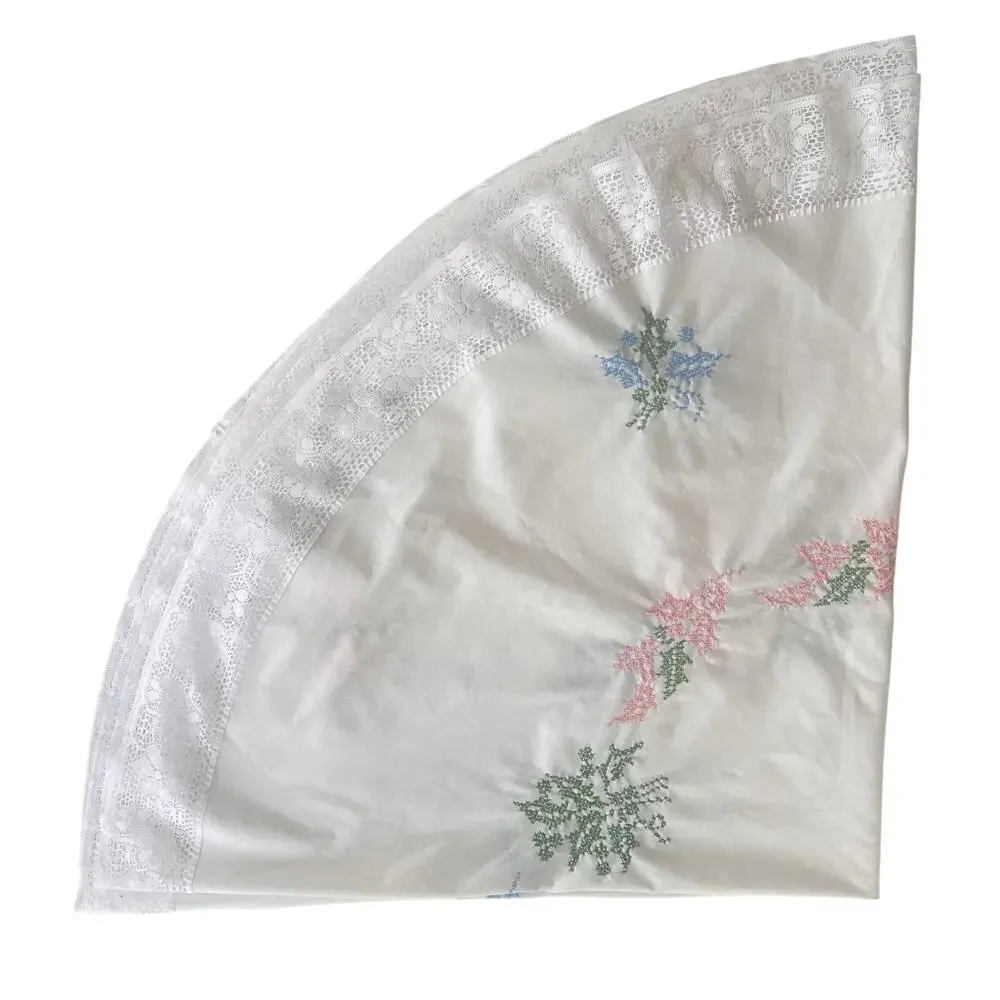 Vintage Hand Cross-Stitched Round Tablecloth 64” White Lace Trim Cottagecore